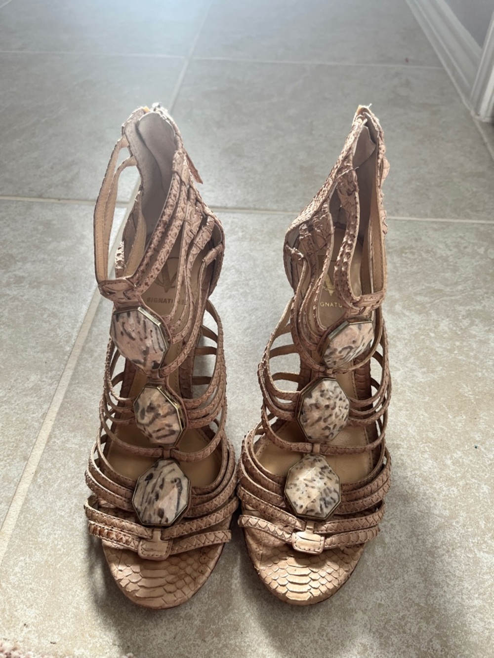 Womens Strappy Heeled Sandals with Stone Accents - Nude/Tan